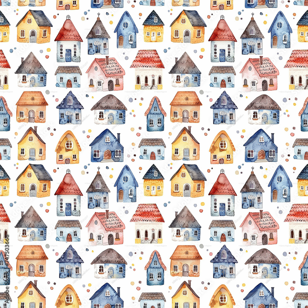 cute watercolor colorful little houses seamless pattern background