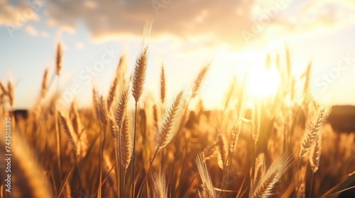 A beautiful wheat field with the sun setting in the background. Perfect for agricultural or nature-themed projects