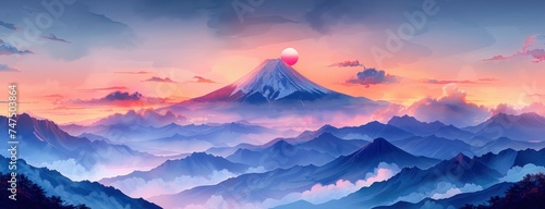 Minimalist Mountain Sunset, Majestic view of Mountain at sunset with a minimalist and serene watercolor technique.