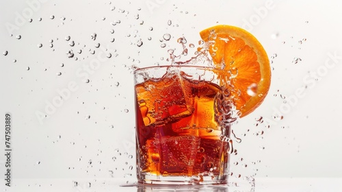 A glass filled with ice and a slice of orange. Perfect for summer drink concepts