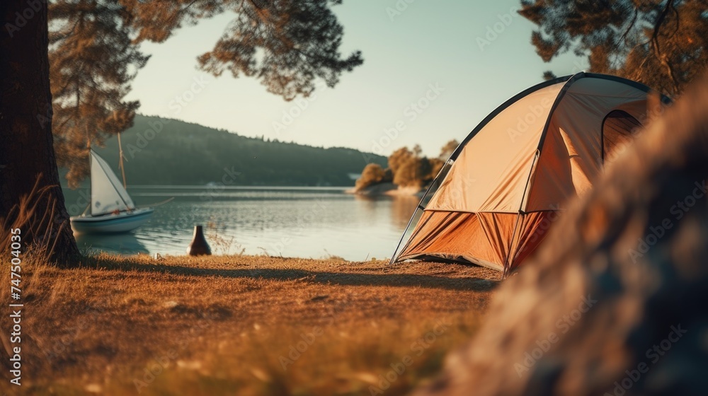 A tent pitched up next to a body of water. Suitable for outdoor and camping themes - obrazy, fototapety, plakaty 