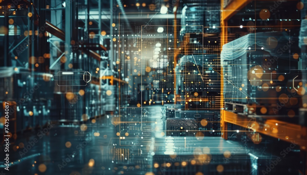 industrial warehouse setting with a connection icon, in the style of multilayered collages, blurred, blurry details industrial warehouse setting with a connection icon, in the style of multilayered collages, blurred, blurry details