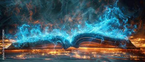 Magical Open Book Digital Art, Open book with mystical blue energy radiating from the pages in a fantasy theme. photo