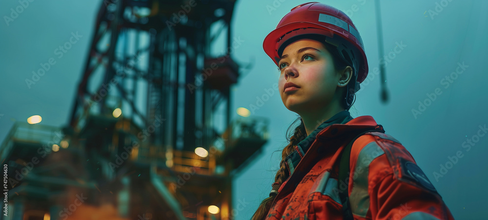 Obraz premium An oil worker adorned in tights and a helmet is depicted with intricate detail in the atmospheric style