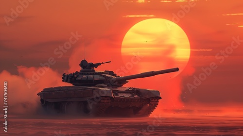 Tank T-44-100 in the foreground, riding against a sunset background