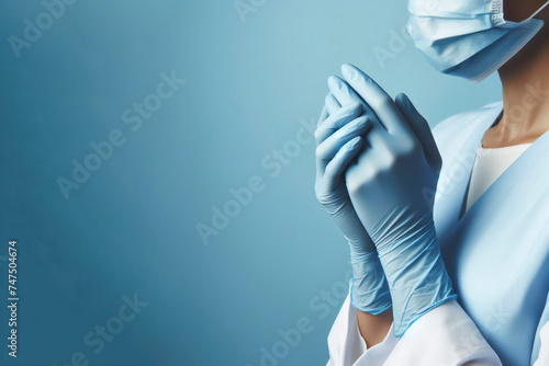 close up hands side view Woman doctor wears medical gloves. Copy space. ai generative