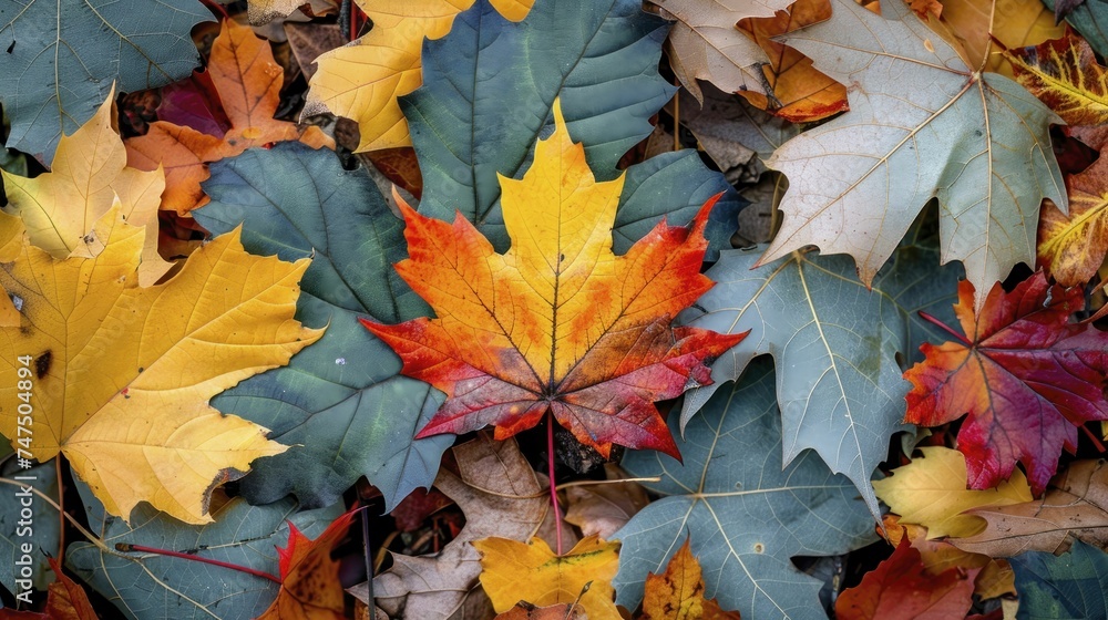 Capturing autumn's essence, a lone leaf shifts from green to orange to yellow in a vibrant leaf pile scene. Capturing autumn's essence, a lone leaf shifts from green to orange to yellow in a vibrant leaf pile scene.
