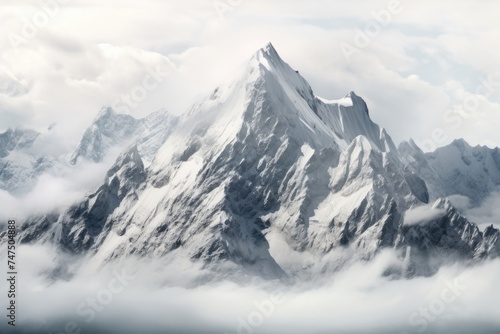 Majestic snowy mountain peak with clouds hovering above. Ideal for travel brochures © Fotograf