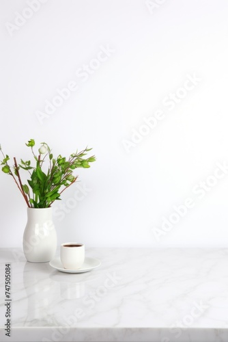 Coffee cup and flowers on table, suitable for home decor