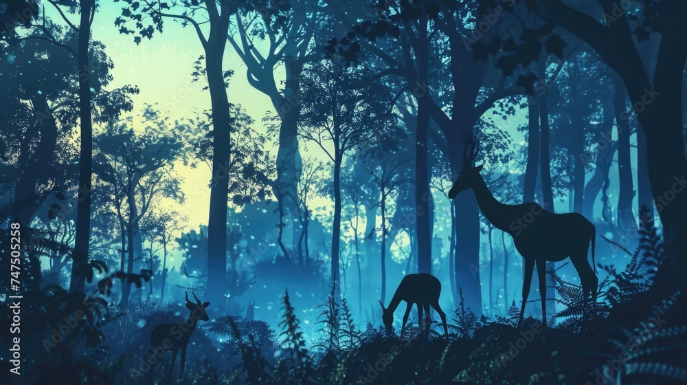 Obraz premium A giraffe and a deer standing together in a forest. Suitable for wildlife themes