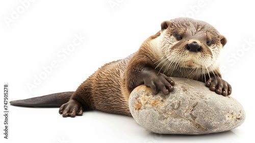 Otter playing with rock isolated on white studio shot