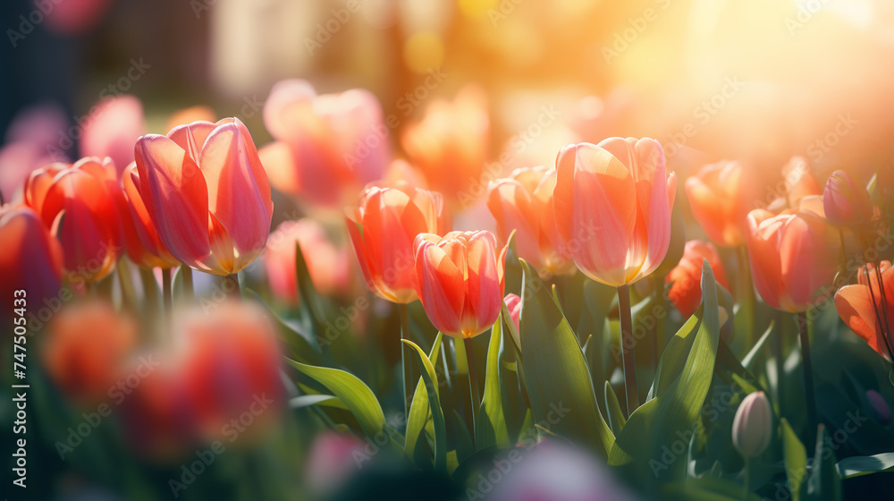 A magical landscape with sunrise over tulip field A magical landscape with sunrise over tulip field