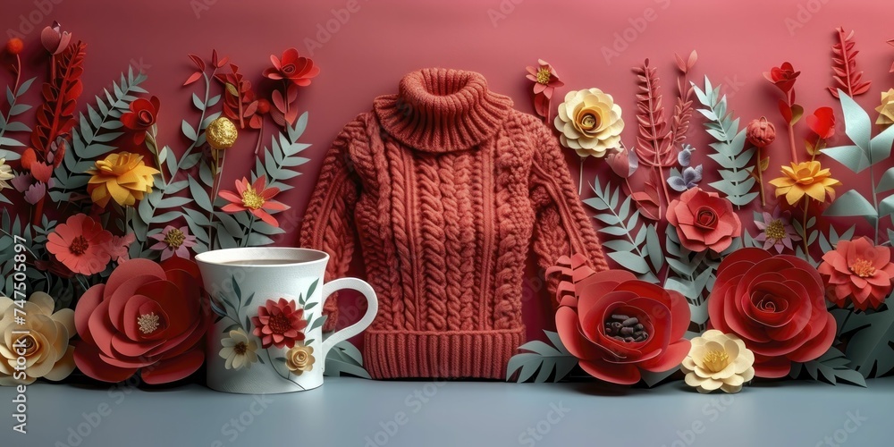 Intricate paper art of a warm sweater and hot cocoa, symbolizing autumn's cooling weather.
