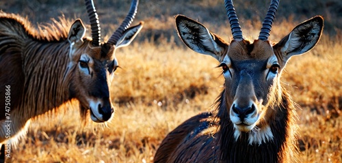 a couple of antelope standing next to each other on a dry grass covered field with trees in the background. photo