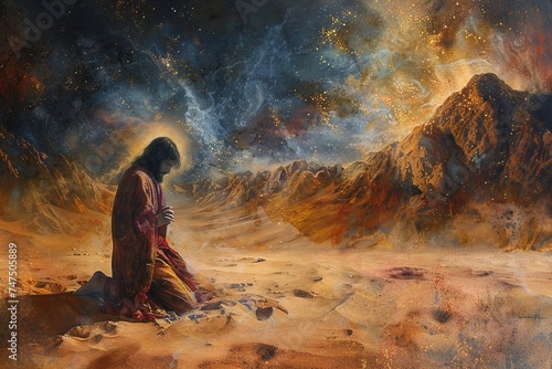 Witness Jesus standing on a high cliff, torn between earthly desires and heavenly mission, grappling with the allure of miracles, fame, and adulation