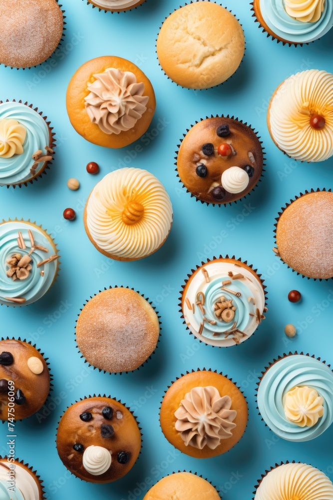 Delicious cupcakes arranged on a blue background. Perfect for bakery or dessert concepts Delicious cupcakes arranged on a blue background. Perfect for bakery or dessert concepts