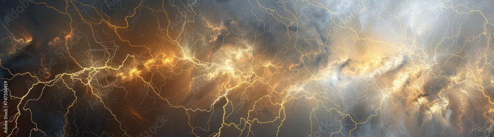 white background with lightning  interstellar nebulae, dark amber and gold, panoramic scale, texture-rich canvas