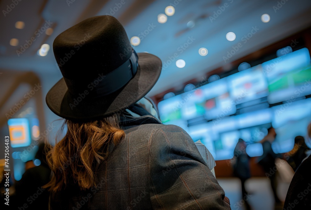 woman in a suit and hat is looking at an electronic travel information screen woman in a suit and hat is looking at an electronic travel information screen