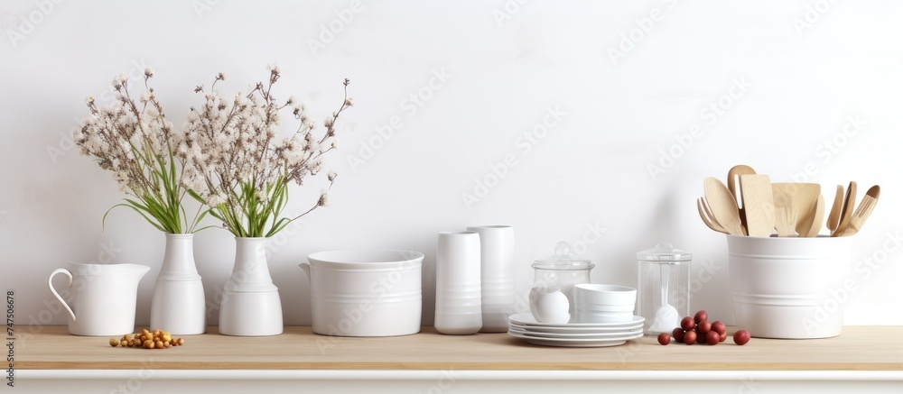 A white table is elegantly adorned with multiple white vases, each filled with vibrant flowers. The modern kitchen accessories add a touch of sophistication to the interior design.