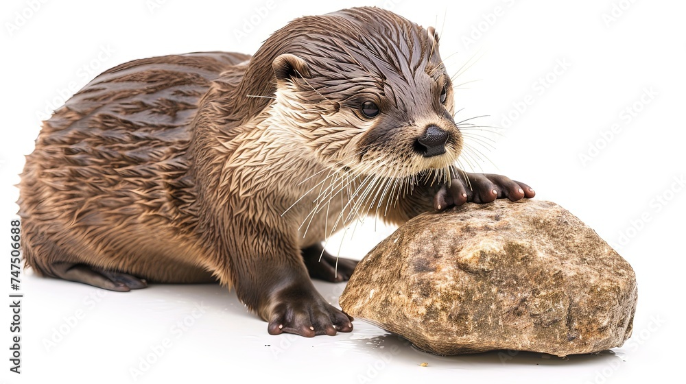 Otter playing with rock isolated on white studio shot Otter playing with rock isolated on white studio shot