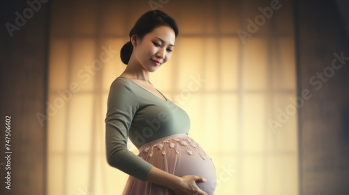 A pregnant woman wearing a green top and pink skirt, suitable for maternity and fashion concepts