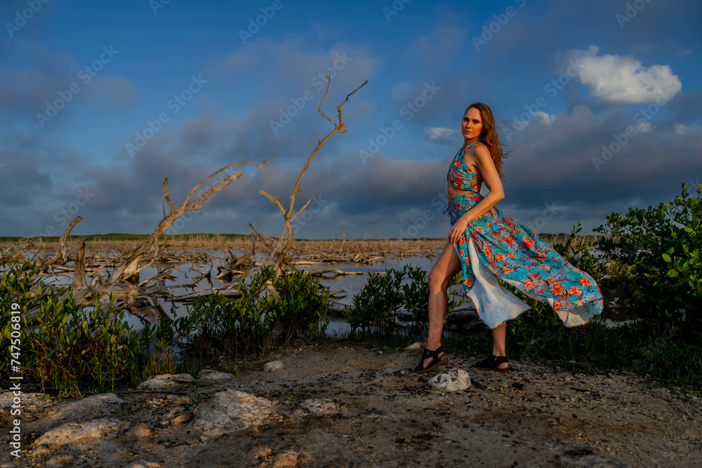 Tropical Tranquility: Radiant Beauty Strikes a Pose Amidst Lush Mexican Landscape as Yucatan Sunsets Paint the Sky Tropical Tranquility: Radiant Beauty Strikes a Pose Amidst Lush Mexican Landscape as Yucatan Sunsets Paint the Sky