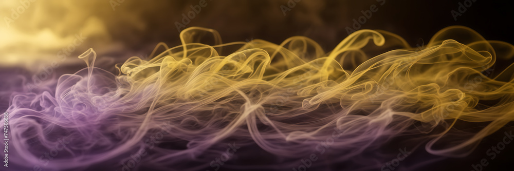 Photograph showcasing the mesmerizing dance of smoke tendrils in shades of citrine and peridot against a canvas of dusky violet. - obrazy, fototapety, plakaty 