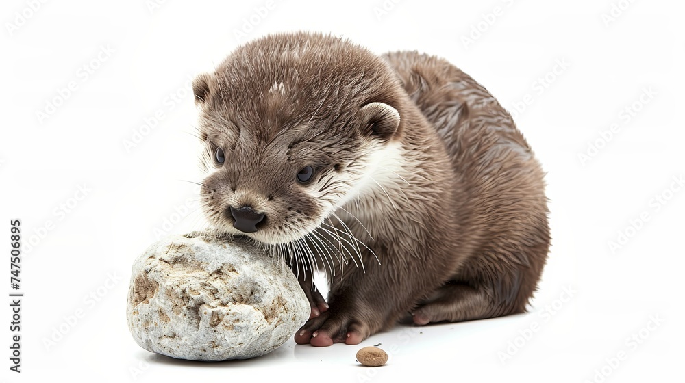Cute otter playing with rock isolated on white Cute otter playing with rock isolated on white