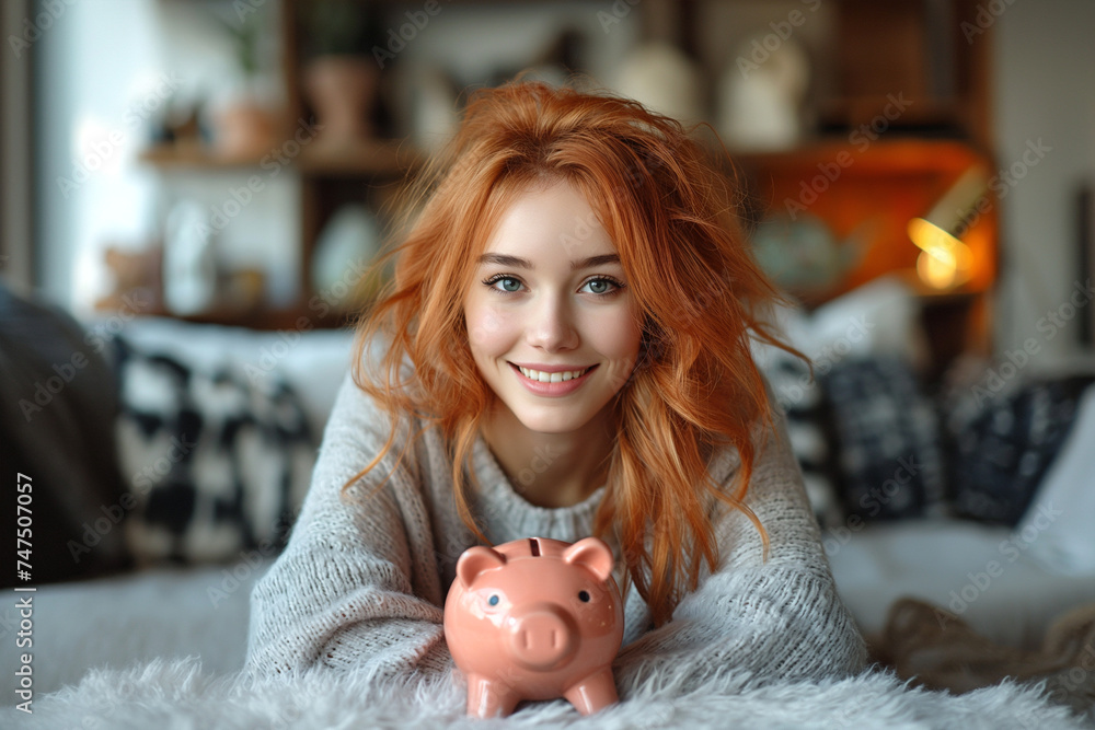 Smiling woman with piggy bank sitting on sofa in attic Smiling woman with piggy bank sitting on sofa in attic