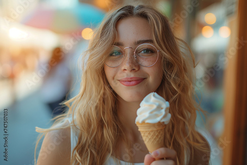Portrait of a young female tourist eating ice cream in the city