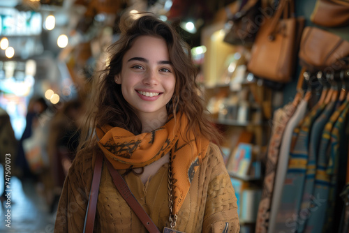 Smiling young woman holding purse while standing in store