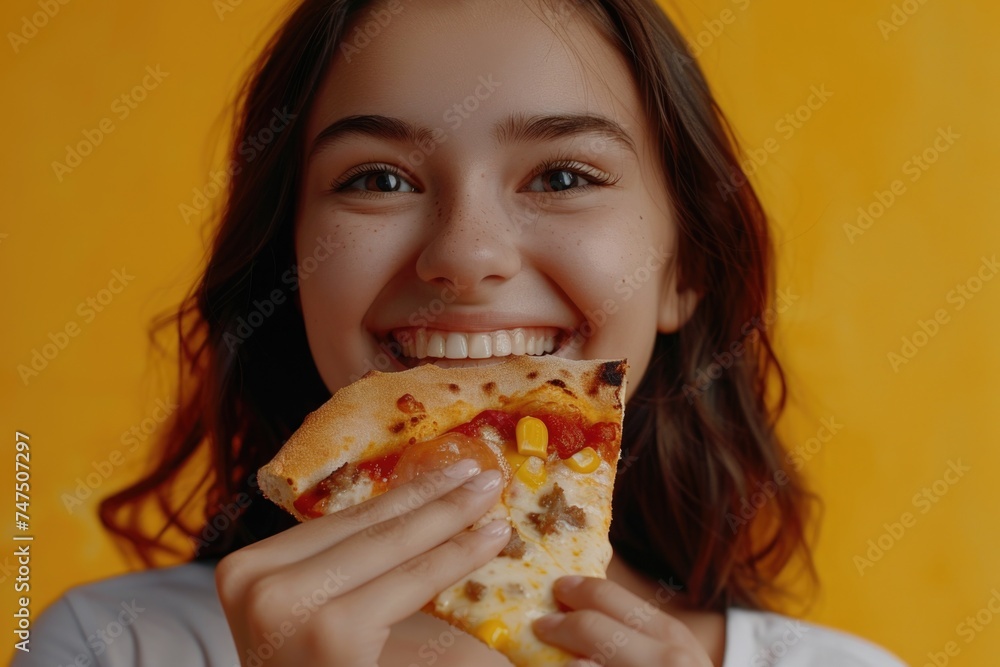 A girl enjoying a slice of pizza, perfect for food-related projects A girl enjoying a slice of pizza, perfect for food-related projects