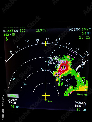 Navigation display of an airplane during an approach with thunderstorms on radar screen 