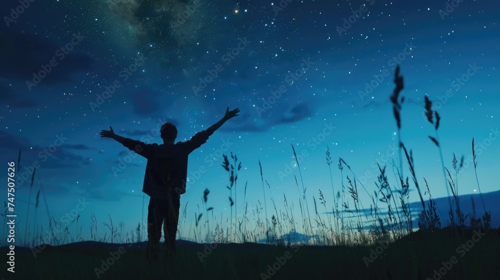 A person standing with arms outstretched in a field. Suitable for various concepts and designs A person standing with arms outstretched in a field. Suitable for various concepts and designs
