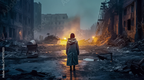 Einsame Frau steht vor den brennenden Trümmern einer zerstörten Stadt, Generative AI photo
