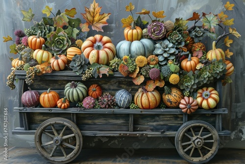 A paper sculpture featuring a quaint autumn wagon brimming with pumpkins and fall bounty.