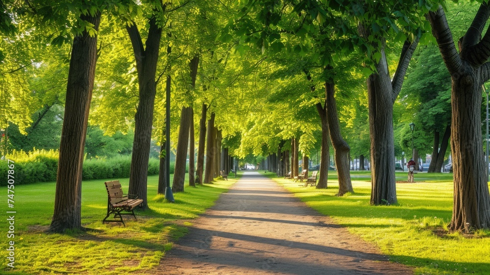 tranquil, sun-drenched pathway flanked by rows of towering trees, casting shadows on a well-manicured lawn - obrazy, fototapety, plakaty 
