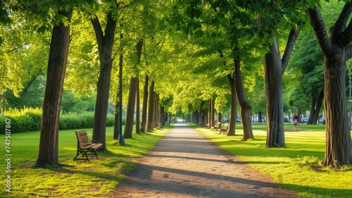 tranquil, sun-drenched pathway flanked by rows of towering trees, casting shadows on a well-manicured lawn