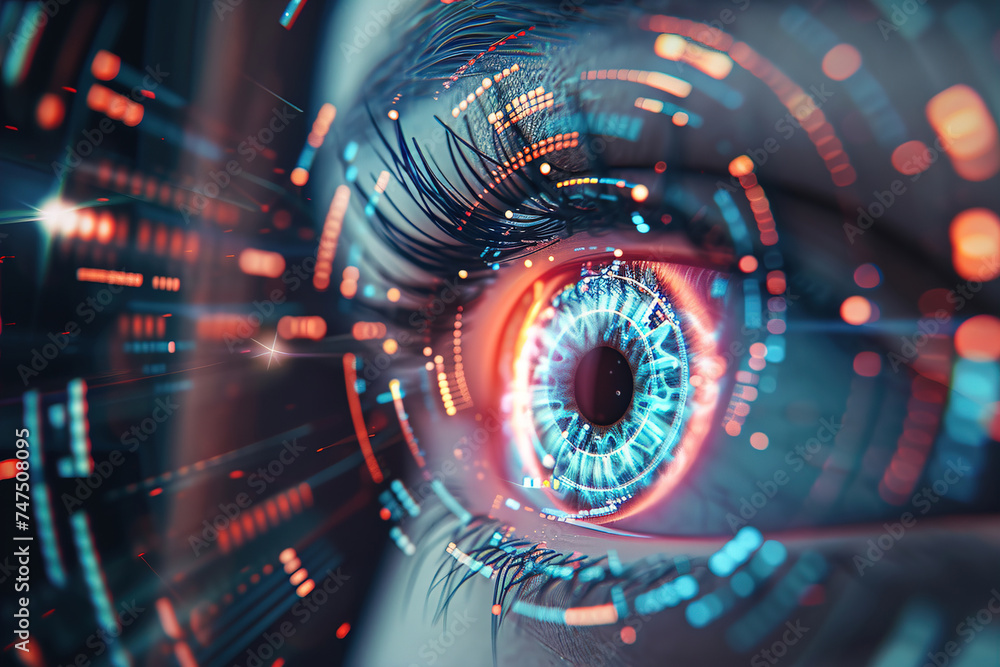 Close-up of a human eye with futuristic digital technology interface overlay. - obrazy, fototapety, plakaty 