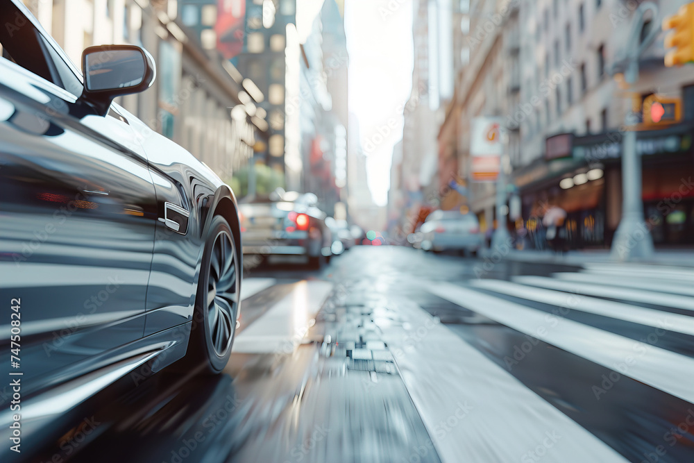 Dynamic city street scene with a sleek car in motion and urban backdrop.