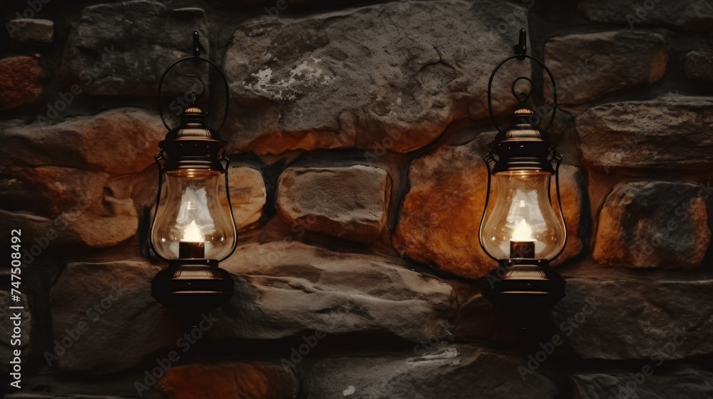 A couple of lights hanging from the side of a stone wall. Suitable for interior design concepts
