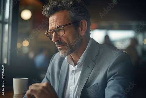 A man sitting at a table with a cup of coffee. Suitable for cafe or lifestyle concepts