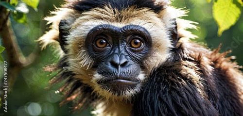 a close up of a monkey's face with a blurry look on it's face and a leafy tree in the background. photo