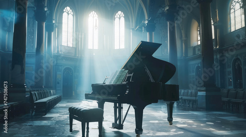 Grand piano in a ray of light at church - A grand piano sits bathed in a ray of light in the solemn ambiance of a church photo