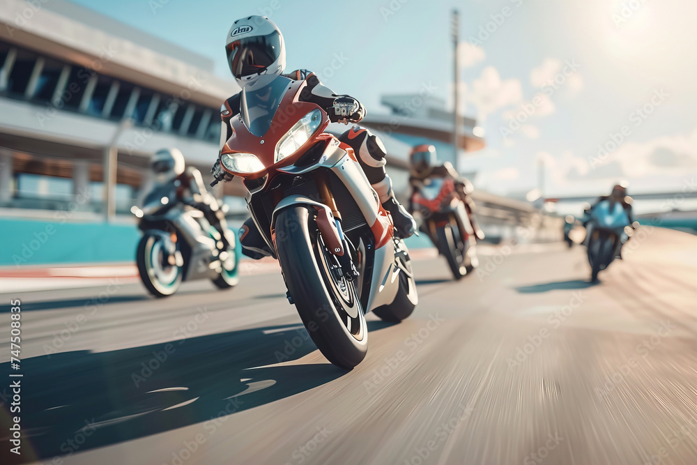 Motorcycle racers speeding on a track, focused and competitive racing scene. Motorcycle racers speeding on a track, focused and competitive racing scene.