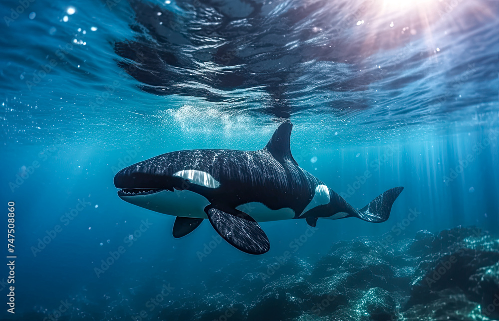 Obraz premium Schwertwal auch Orca oder Killerwal (Orcinus orca) im Meer, Unterwasser, Generative AI