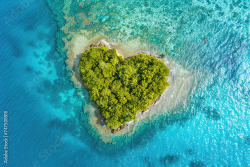 Heart-shaped island amidst turquoise sea - An enchanting heart-shaped tropical island surrounded by the mesmerizing turquoise water of the sea