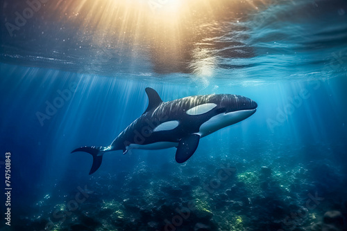 Schwertwal auch Orca oder Killerwal  Orcinus orca  im Meer  Unterwasser  Generative AI