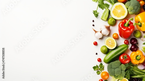 Healthy eating background   studio photography of different fruits and vegetables on white backdrop. Healthy food background  top view. High resolution product 