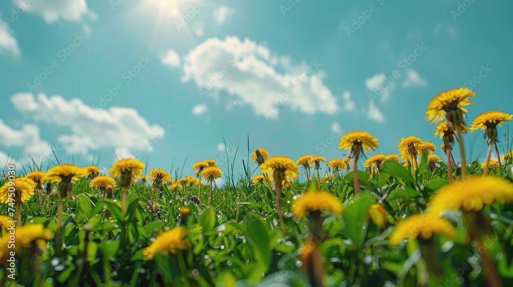 Beautiful field of yellow flowers under a clear blue sky, perfect for nature backgrounds